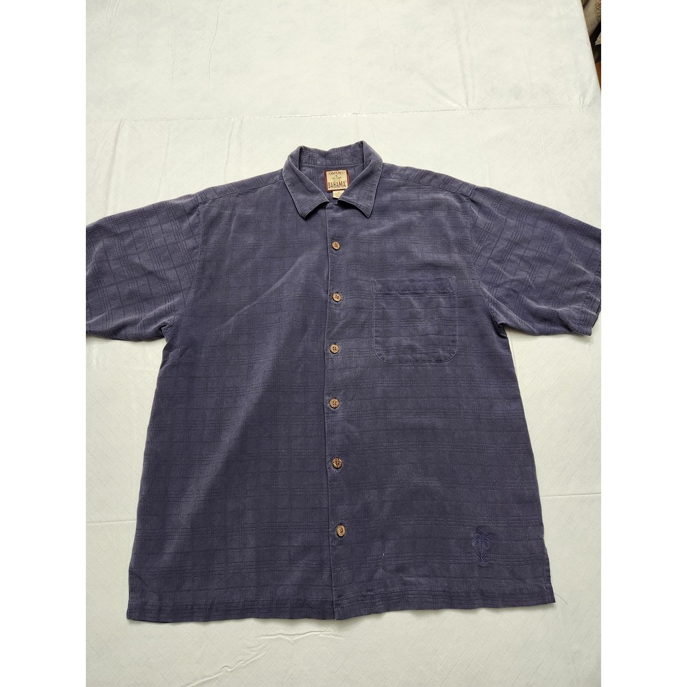 Tommy Bahama Shirt Mens Medium Blue 100% Silk Camp Short Sleeve Palm‎ Tree
